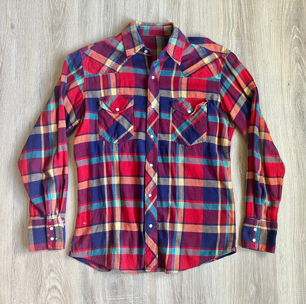 Medium - Vintage 80s Plaid Flannel Western Pearlsnap Shirt