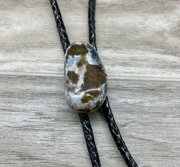 Brown & Gray Stone Bolo Tie w/Braided Black Cord