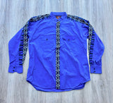 Large - Vintage 90s Painted Mesa Cobalt Blue/ Southwest Striped Band Collar Button Up Shirt