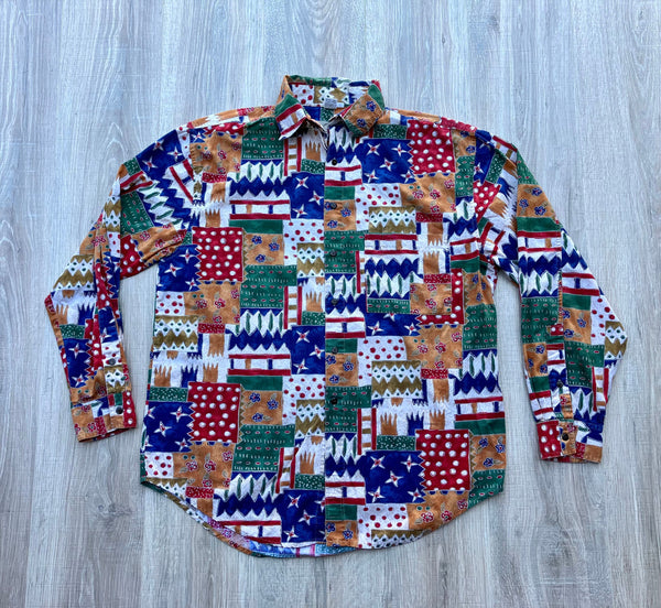 Vintage 90s Wild Abstract Print Button Up Shirt (Men's Large)