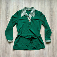 Small - Vintage 70s Green Polyester Leisure Jacket w/Faux Undershirt & Belt