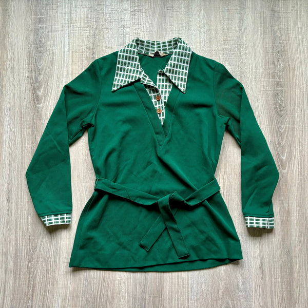 Small - Vintage 70s Green Polyester Leisure Jacket w/Faux Undershirt & Belt