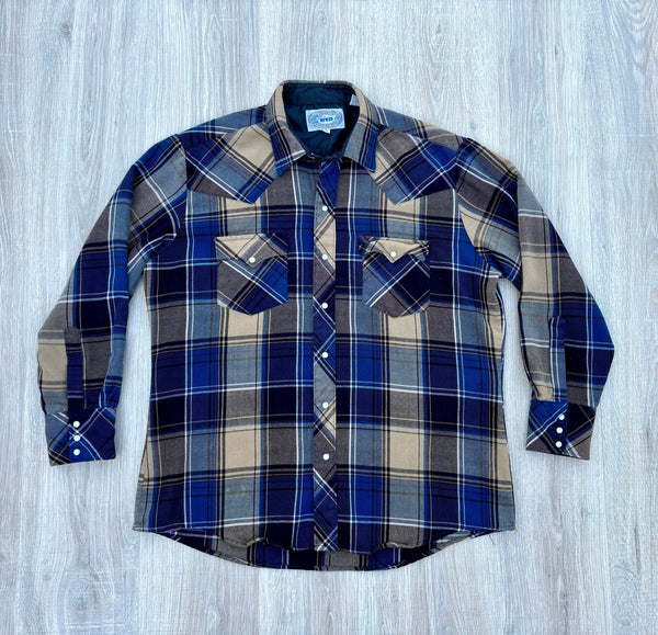 Large - Vintage 80s ATB Western Plaid Flannel Pearlsnap Shirt