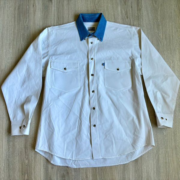 Med/Large - Vintage 90s Express Rider White w/Denim Collar Button Up Shirt
