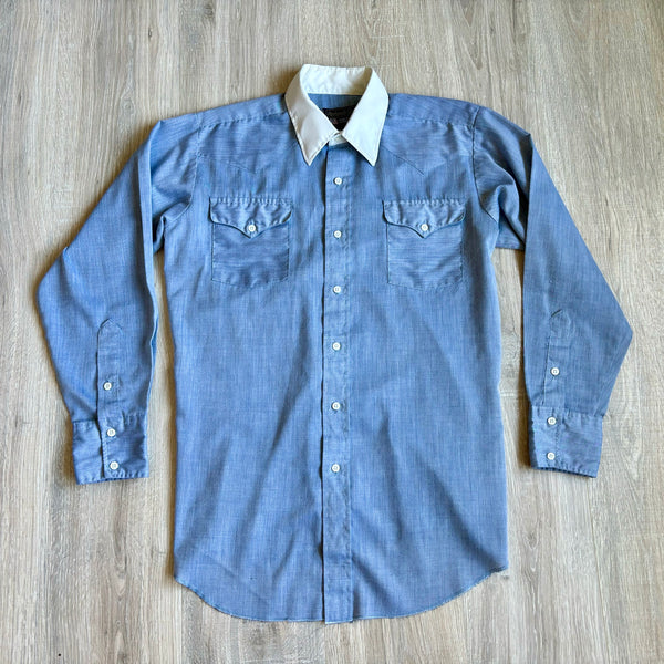 Medium - Vintage 80s Panhandle Slim Button Up Chambray Dress Shirt w/White Collar