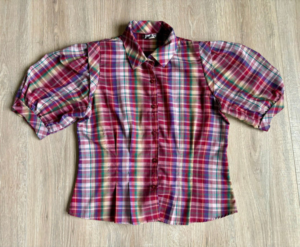 Sm/Med - Vintage 80s Topson Downs Plaid Poofy Short Sleeve Button Up Shirt