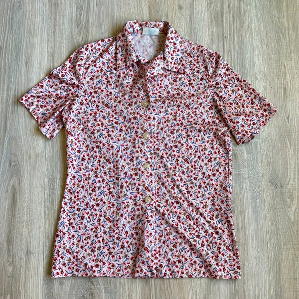 Medium - Vintage 70s Pink Floral Polyester Short Sleeve Shirt