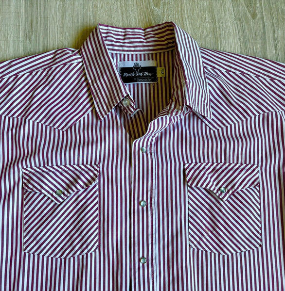 XL - Vintage 80s Ranch & Town Maroon / White Striped Short Sleeve Pearlsnap Shirt