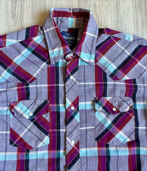 Large - Vintage 80s Wrangler Maroon / Turquoise Plaid Short Sleeve Pearlsnap Shirt