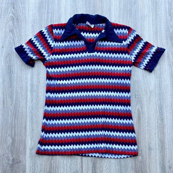 Womens XS/S - Vintage 70s Chevron / Zigzag Striped Nylon Bowling / Tennis Polo Shirt