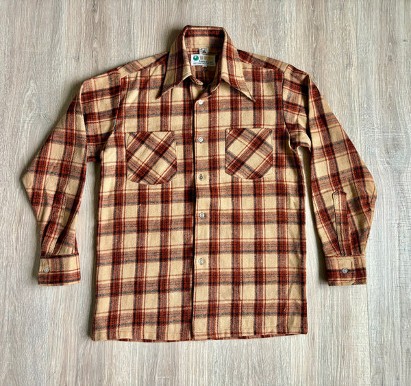 Sm/Med - Vintage 70s Beige/Brown Thick Flannel Button-Up Board Shirt / Shacket