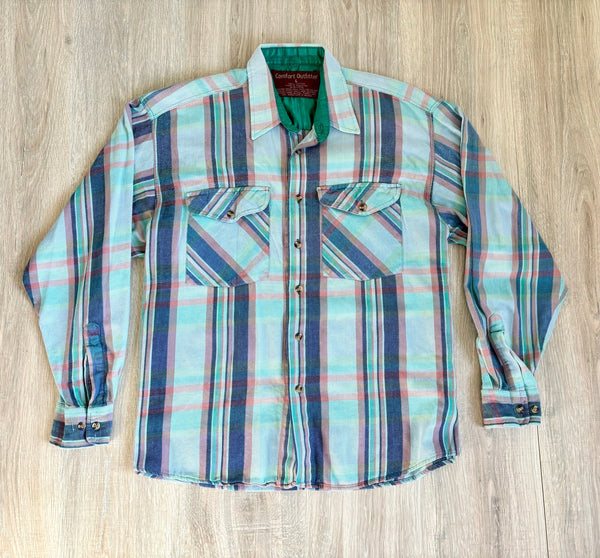 M/L - Vintage 80s Seafoam Green Plaid Thin Flannel Button Up Shirt