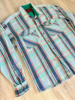 M/L - Vintage 80s Seafoam Green Plaid Thin Flannel Button Up Shirt
