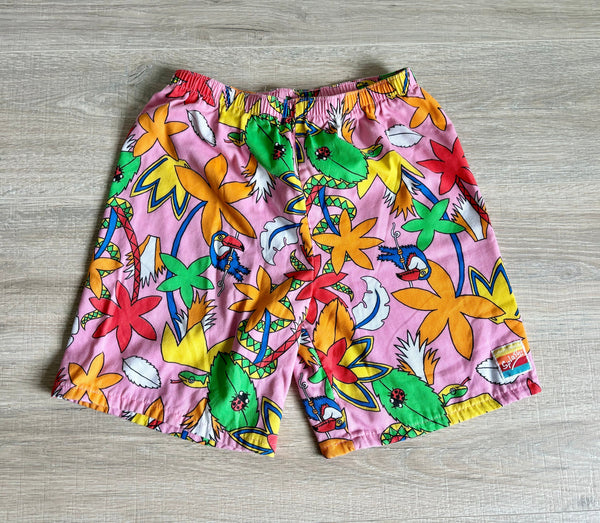 XS/Small - Vintage 80s California Splash Pink Palm Tree Cloth Beach Shorts