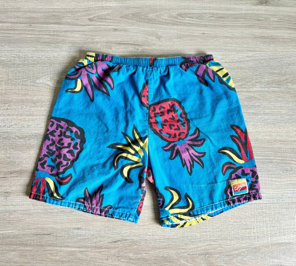 XS/Small - Vintage 80s California Splash Blue Pineapple Cloth Beach Shorts
