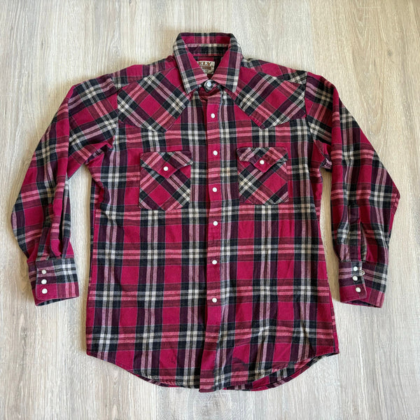 Medium - Vintage 90s Ely Red/Black/Beige Flannel Pearlsnap Western Shirt