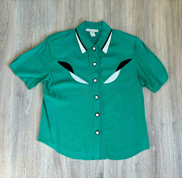 S/M - Vintage 90s Green Blouse / Silky Button-Up Short Sleeve Shirt