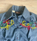 Womens Small - Vintage 70s JC Penny Dark Blue Chambray Western Embroidered Pearlsnap Shirt