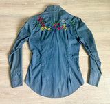 Womens Small - Vintage 70s JC Penny Dark Blue Chambray Western Embroidered Pearlsnap Shirt