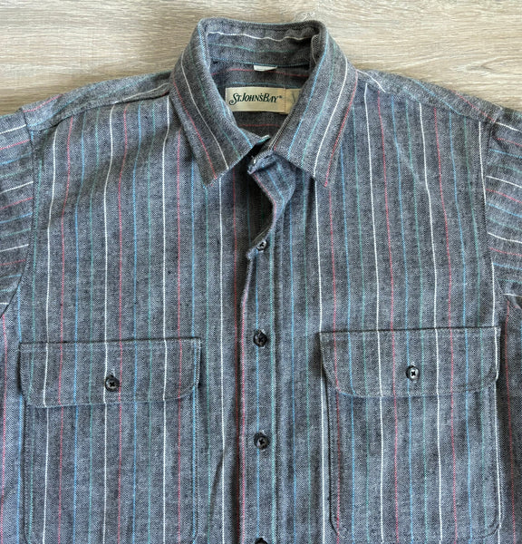 Medium - Vintage 80s St. Johns Gray/Red/Blue Striped Button Up Shirt / Shacket - Made in USA