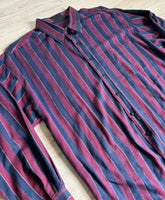 L/XL - Vintage 80s Maroon/Navy Striped Flannel Button Up Shirt