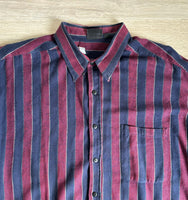 L/XL - Vintage 80s Maroon/Navy Striped Flannel Button Up Shirt