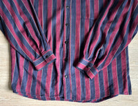 L/XL - Vintage 80s Maroon/Navy Striped Flannel Button Up Shirt