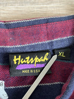 L/XL - Vintage 80s Maroon/Navy Striped Flannel Button Up Shirt