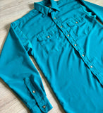 Large - Vintage 90s Panhandle Slim Turquoise/Teal Green Silky Button Up Shirt