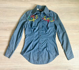 Womens Small - Vintage 70s JC Penny Dark Blue Chambray Western Embroidered Pearlsnap Shirt