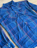 XL/2X - Vintage 80s Rustler by Wrangler Blue/Purple/Teal Plaid Western Pearlsnap Shirt