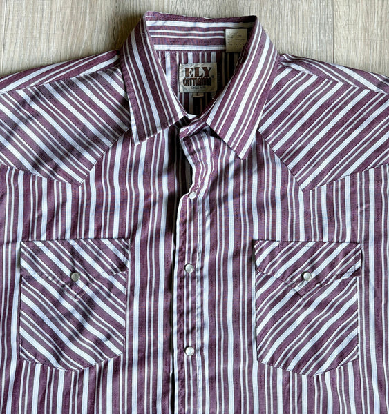 Med/Lrg - Vintage 80s Ely Plains Maroon White Candy Striped Short Sleeve Pearlsnap Western Shirt