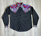 Womens Large - Vintage 90s SW Cowgirl Black / Southwestern / Cow Skull Button Up Shirt w/ Peek-a-boo Cut Out