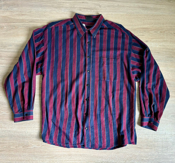 L/XL - Vintage 80s Maroon/Navy Striped Flannel Button Up Shirt