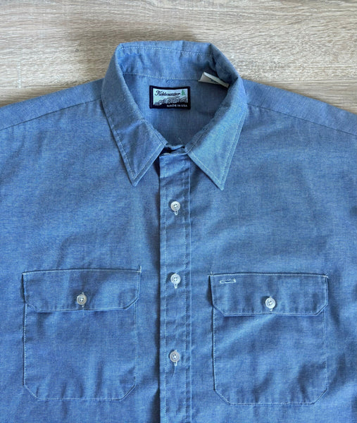 XL - Vintage 80s Fieldmaster Chambray / Denim Short Sleeve Button Up Work Shirt