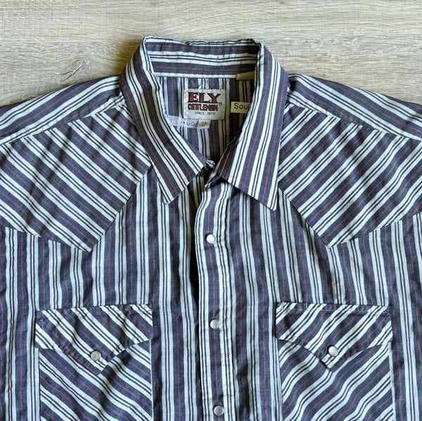 XL - Vintage 90s ELY White Gray Pink Striped Short Sleeve Pearlsnap Western Shirt