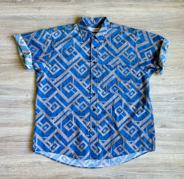 Large - Vintage 90s  Beige Blue Tribal / Southwestern Print Short Sleeve Button Up Shirt