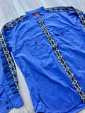 Large - Vintage 90s Painted Mesa Cobalt Blue/ Southwest Striped Band Collar Button Up Shirt