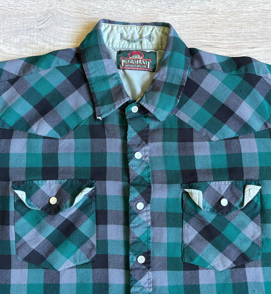 M/L - Vintage 80s Greatland Green Black Gray Plaid Flannel Western Pearlsnap Shirt