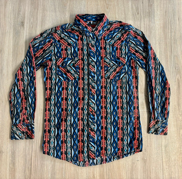 Sm/Med - Classic Rock & Roll Denim Blue/Orange/Black Southwestern Pearlsnap Western Shirt