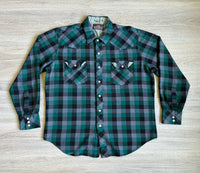 M/L - Vintage 80s Greatland Green Black Gray Plaid Flannel Western Pearlsnap Shirt