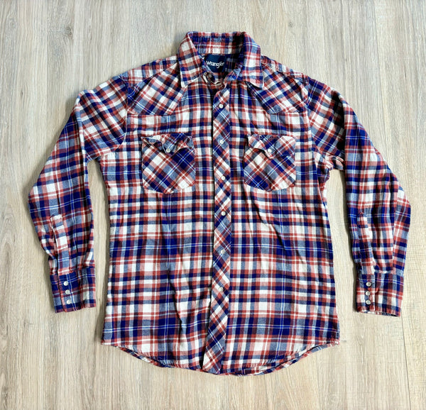Sm/Med - Vintage 90s Wrangler Blue/Cream/Orange Flannel Pearlsnap Western Shirt