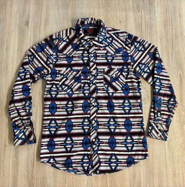 Sm/Med - Classic Rock & Roll Denim White/Blue Southwestern Pearlsnap Western Shirt