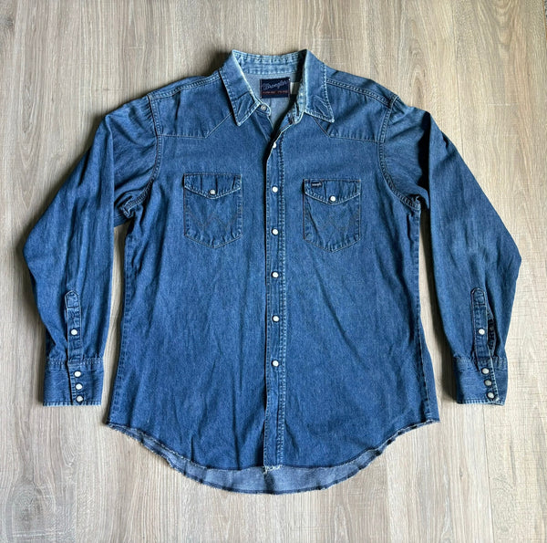Large - Vintage 80s Wrangler Denim Western Pearlsnap Work Shirt WD22