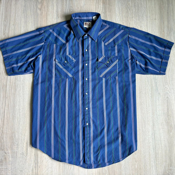 2X - Vintage 90s ELY Navy Blue Green / Red Striped Short Sleeve Western Pearlsnap Shirt