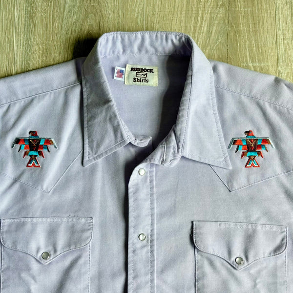L/XL - Vintage 80s Ruddock Light Purple Western Pearlsnap Shirt w/ Southwestern Thunderbird Patch