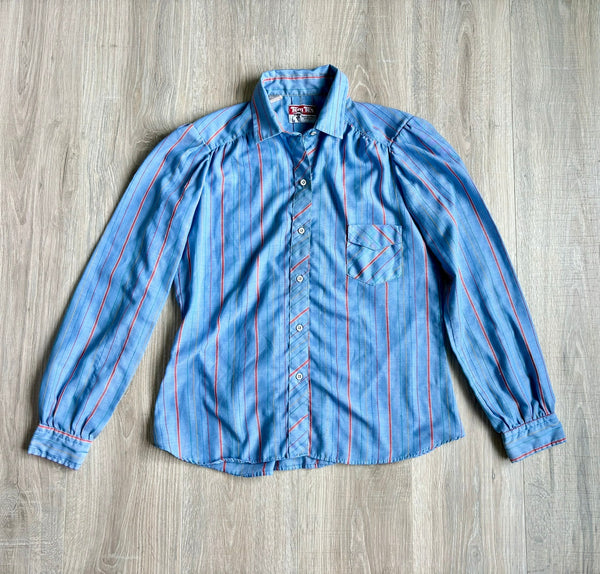 Womens Med - Vintage 70s TemTex Blue/Red Stripe Button Up Shirt