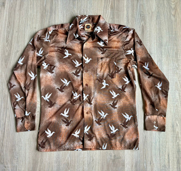 Medium - Vintage 70s Narratifs Brown / Orange White Birds Nylon Button Up Disco Shirt