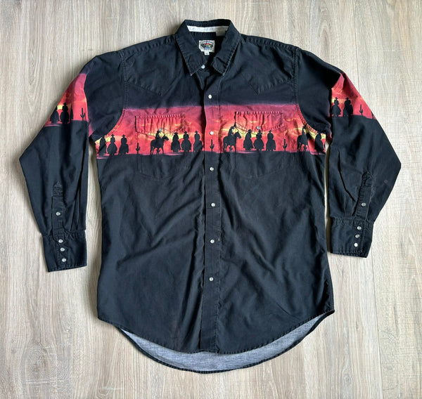 Large - Vintage 90s Cumberland Black / Sunset / Cowboy Silhouette Western Pearlsnap Shirt