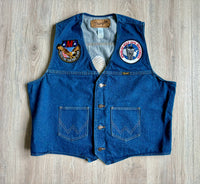 Large - Vintage 80s Wrangler Western Denim Western / Biker Vest with Patches (Eagle, etc)
